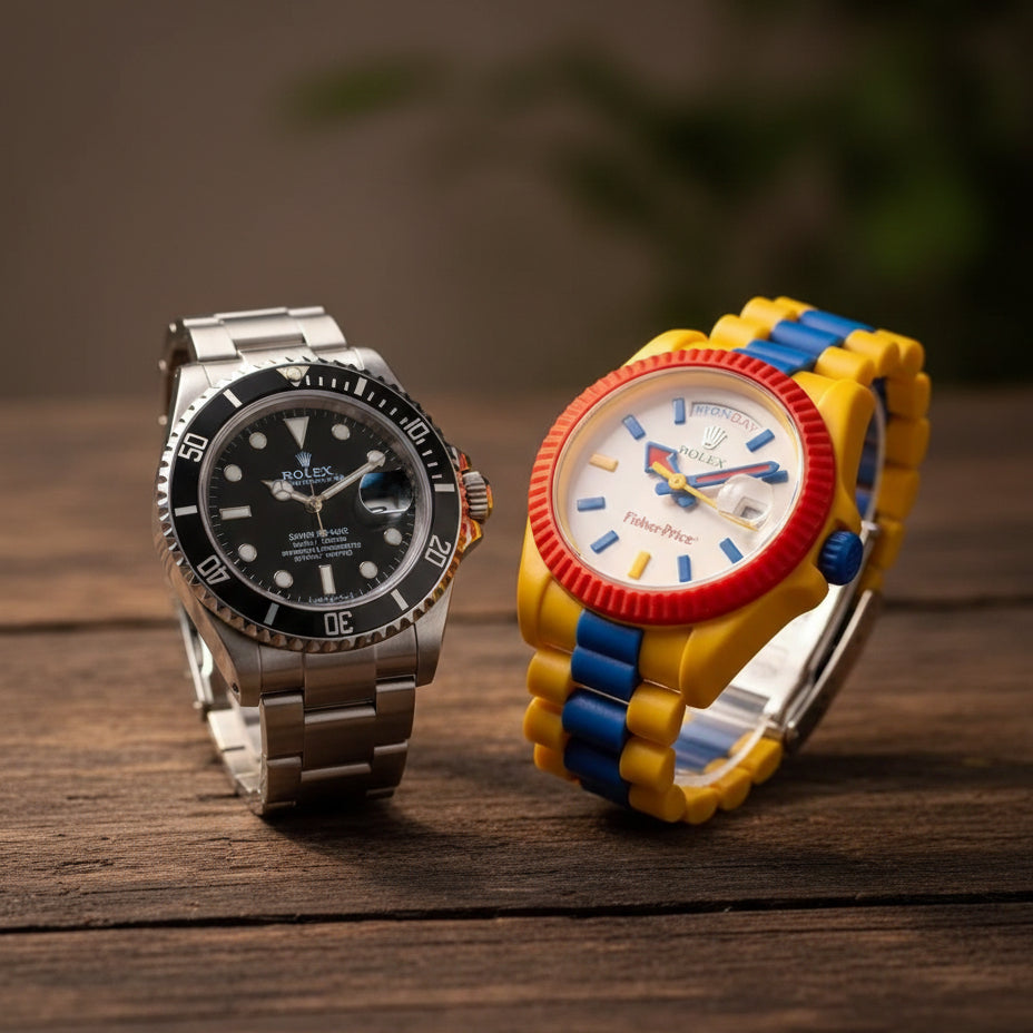Photographie haute résolution d'une montre Rolex Submariner en acier à côté d'une montre Rolex Fisher-Price colorée sur un support en bois.