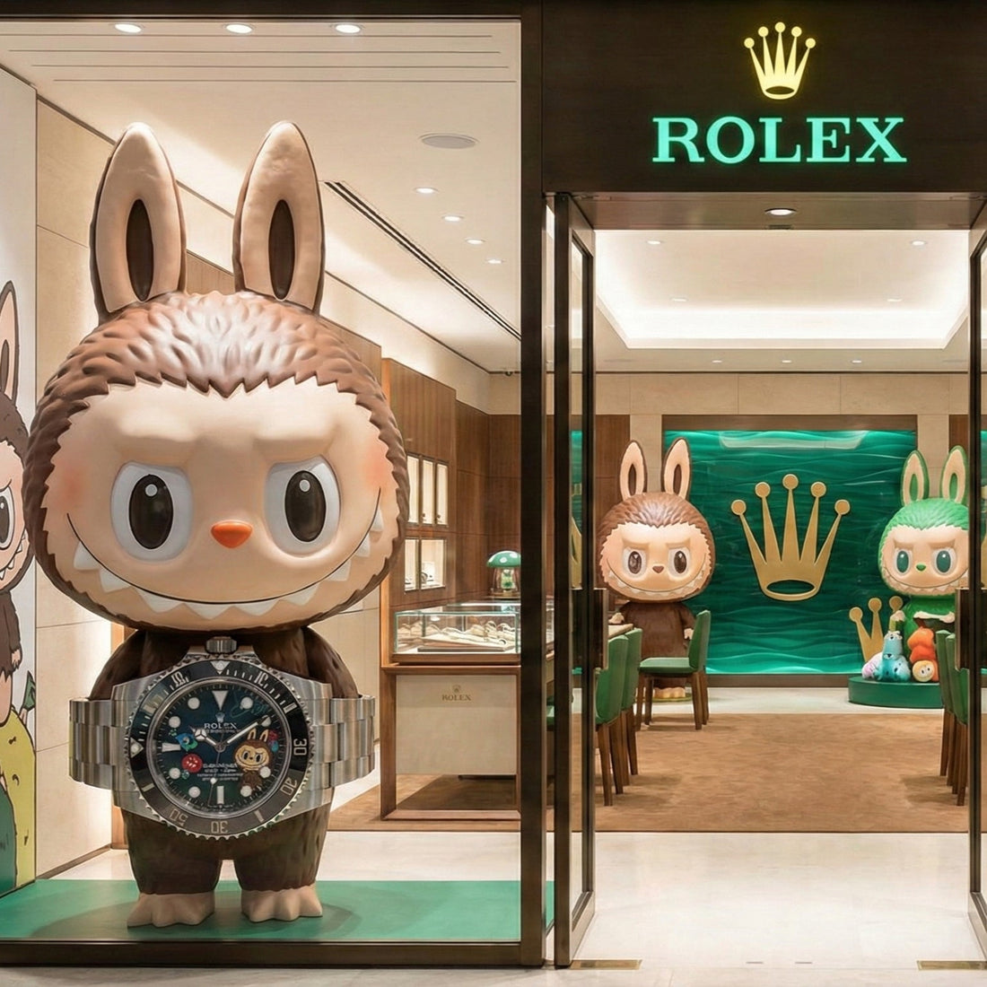 Devanture d'une boutique de luxe Rolex présentant une géante figurine Pop Mart Labubu portant une montre Rolex Submariner personnalisée dans le cadre d'une collaboration exclusive